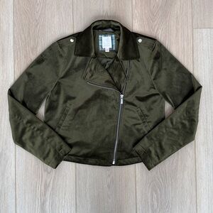 Lauren Conrad Cropped Velvet Blazer, Asymmetrical Zip-up Jacket, Olive Green